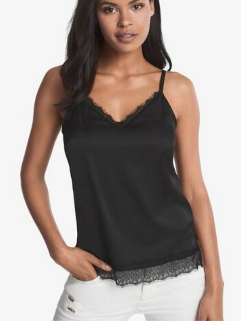 White House Black Market Cera Black Satin Eyelash Lace Trim Cami Top Sz XL